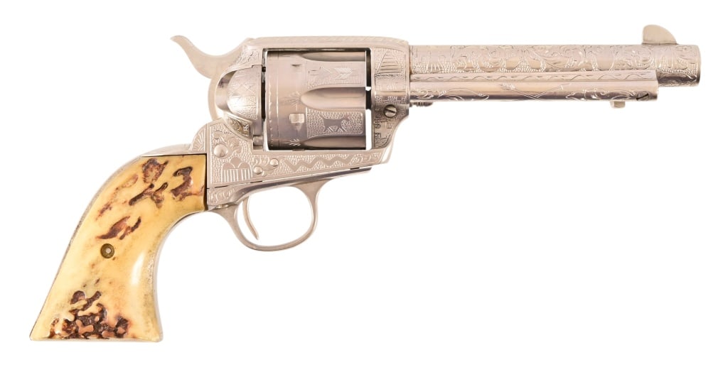 David Wade Harris Engraved Colt 1873 SAA .38-40: SN 328360. Indian Motif Engraving. Provenance includes letter from Master Engraver David Wade Harris. Stag grips. Modern