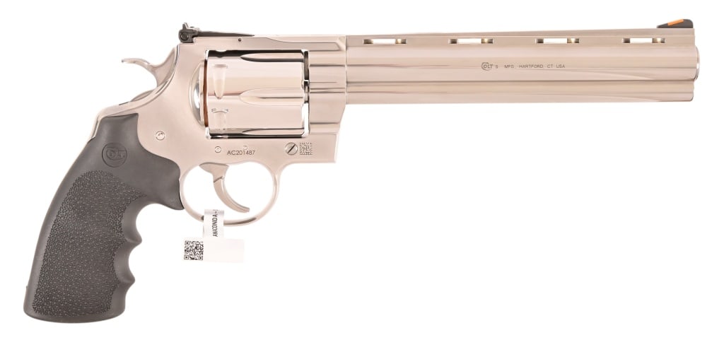 Colt Anaconda Revolver .44 Magnum: S/N AC201487. Stainless Steel finish, 8" barrel, rubber grips, target sight. New condition in Colt factory box. Modern