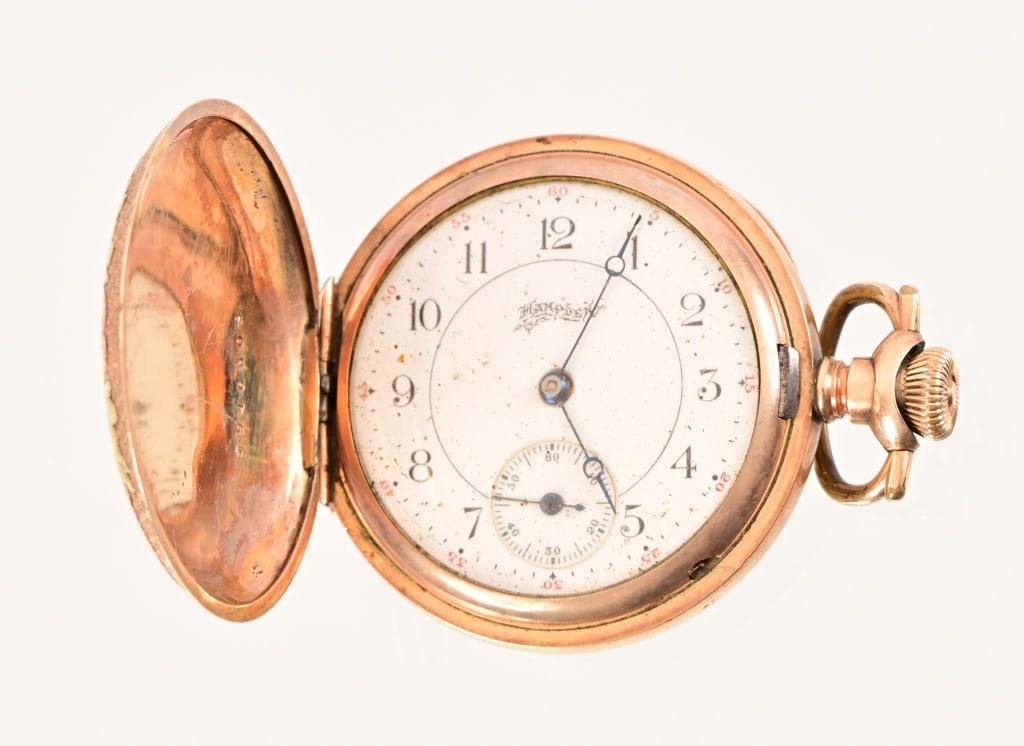 Hampden Two-tone Gold Filled Pocket Watch: Hampden Watch Co. Grade: No. 200 seven-jewel pocket watch Movement serial: 2414351, circa 1908. Dueber Special yellow and rose gold-filled 25 year watch case, engraved inside with initials "P.J. & P.G