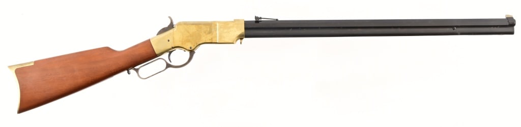 Uberti 1860 Henry Lever Action Rifle 44 WCF: S/N 25756. Full length tube magazine, 24" barrel. Was stored in excellent condition, where it developed some surface rust areas, not relevant to bore or action function. Modern.