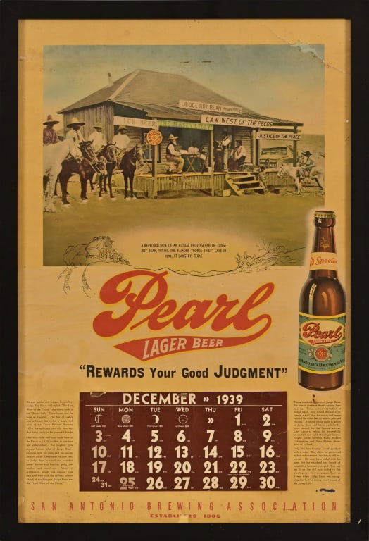 Pearl Beer 1939 Judge Roy Bean Calendar: Pearl Beer advertising 1939 lithograph calendar, featuring the notorious Judge Roy Bean and his Jersey Lilly Saloon
