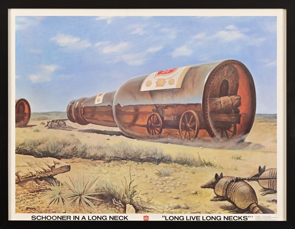 Lone Star Beer "Schooner In a Long Neck" by JFKLN: Original poster by Artist Jim Franklin. Very good condition. Framed 25.5"x 33".