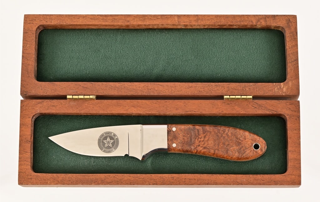 King Ranch Security Rare Custom Presentation Knife: Custom mesquite presentation cased King Ranch Security knife. Mesquite handle, blade measures 3.25", overall length 7.75"