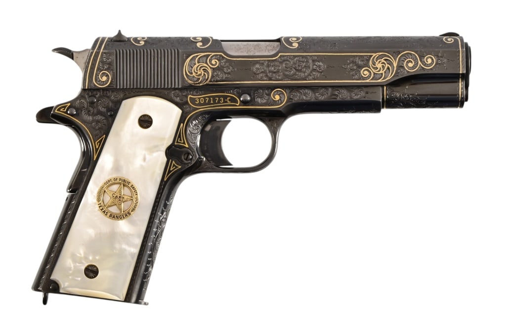 Texas Ranger Capt. EG Albers' Engraved Colt 1911: S/N 307173-C. engraving attributed to Master engraver Alvin White, Gold wire inlay & engraving with custom Texas Ranger grips. Full coverage finely engraved Texas Ranger Captain E. G. Albers Colt 1911