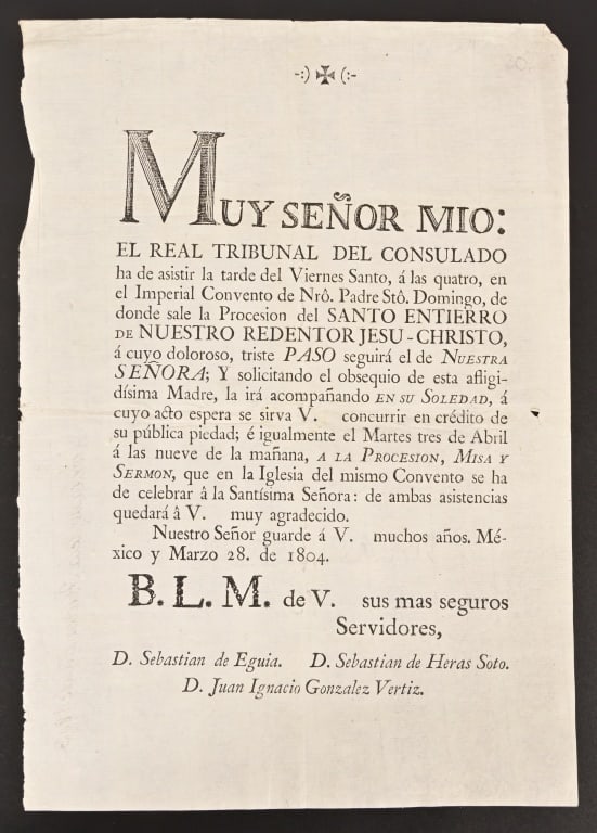 1804 Royal Consulate of Mexico Holy Week Letter: Document on vellum, 8" x 11.5". From the Applewhite-Clark Collection.