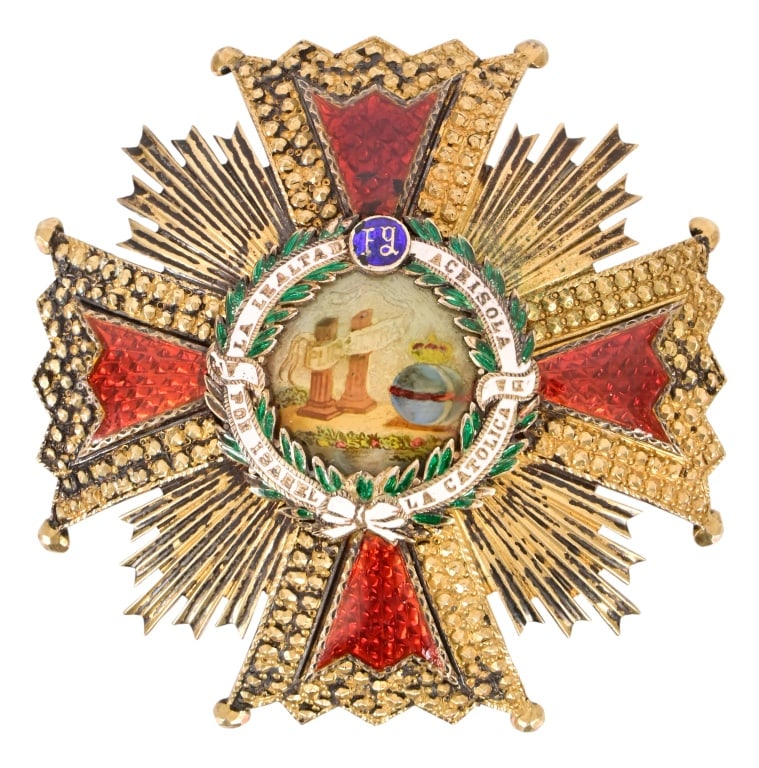 General Antonio López de Santa Anna Service Medal: "Le Lealta Acrisola Por Isabel La Catolica", manufacturer marked on reverse "Frederigo Da Costa, Fabricante de Medales Lisboa. R.Des.Juliao-110". Measures 3" x 3". From the Applewhite-Clark General An