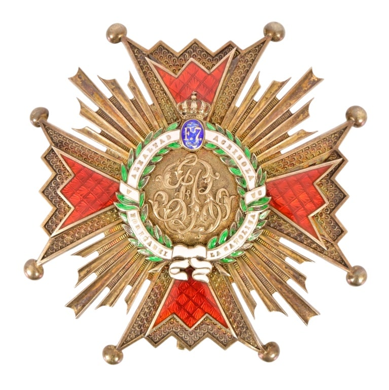 General Antonio López de Santa Anna Service Medal: "Le Lealta Acrisola Por Isabel La Catolica", manufacturer marked on reverse " J. Goode & Sohne, Berlin"., Measures 2.75" x 2.75". From the Applewhite-Clark General Antonio López de Santa Anna Collect