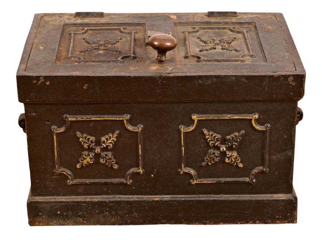 Antique Cast Iron Mexican Strong Box: From the Applewhite-Clark Collection. No key, unable to open. 11" x 12" x 18"
