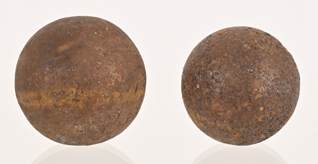 Alamo Battlefield Artifacts, 2008 Excavation: From the documented 2008 Alamo Plaza History Shop excavation. (2) Small cannon balls, 1.75"-2" diameter