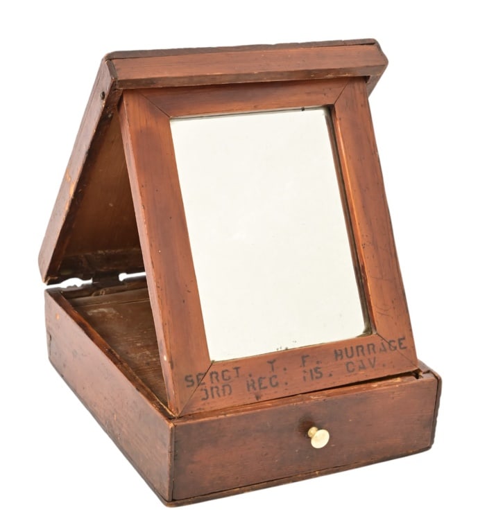 Confederate Civil War Field Shaving Cabinet: From the Applewhite-Clark Collection. 3rd Missouri Cavalry Regiment (Confederate) Marked inside to "Sergeant T.H. Burrage, 3rd Regiment, MS. Cavalry". 3" x 6.5" x 8"