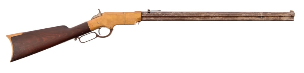 Henry Rifle Model 1860 Lever Action .44 Rimfire: S/N 7569, Manufactured in 1864. Barrel measures 24". Excellent bore. Barrel marked "New Haven Arms Co., Henry's patent 1860. Action works, stock is nice. Antique.