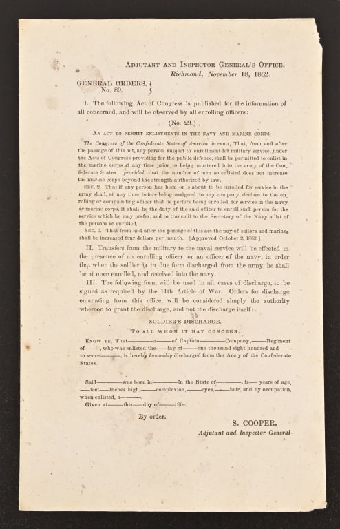 1862 Civil War Confederate General's Orders No.89: From the Applewhite-Clark Collection. Rare Confederate General Orders No.89. Permits enlistment in the CSA Navy and Marines and provides rules for transfers from the Confederate Army. 4.;75" x 8"