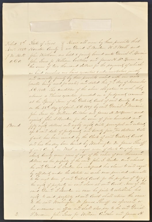 1854 Early Washington County Texas Slave Document (1 of 17)