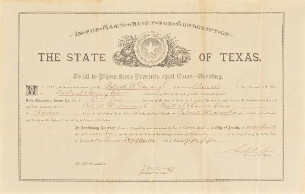 Texas Governor L.S. "Sul" Ross Signed Document (1 of 10)