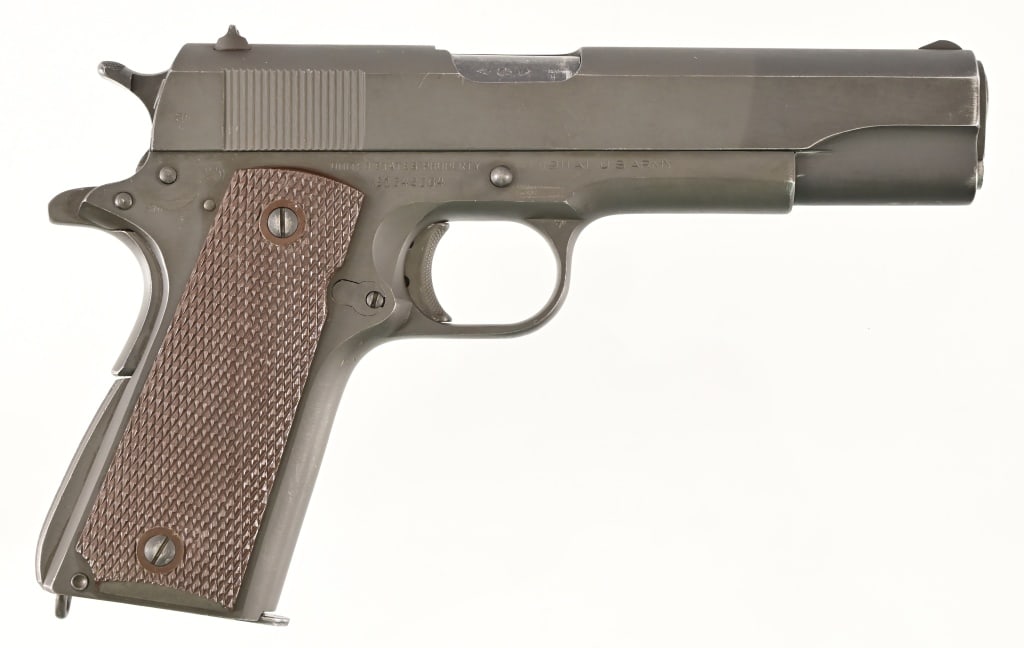 WWII Colt U.S. Army M1911A1 British Lend-Lease .45: S/N 1642364. Very good original condition with original Milspec parkerized finish. "Not English Make" marked on left side of frame under M1911A1, US Army. Includes Graton & Knight Co. 1943 U.S. marked