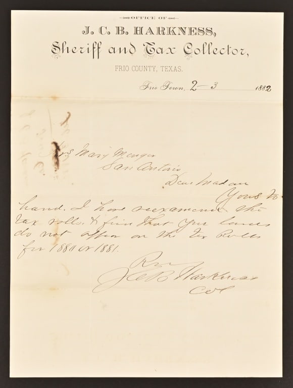 1882 Frio County Sheriff Letter to Mary Menger (1 of 6)