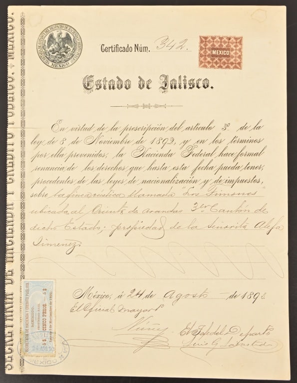 Mexico, Jalisco State Legal Document 1893: From the Applewhite-Clark Collection. Dated August 24, 1893. Document measures 9" x 12"