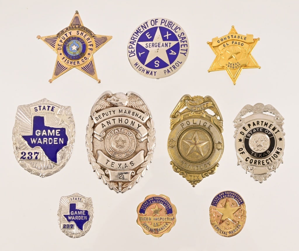 (10) Texas Law Enforcement Badges: From the Applewhite-Clark Collection. (2) Texas and Southwestern CattleRaiser Inspector; (2) Texas Game Warden; DPS Highway Patrol; Deputy Sheriff Fisher County; El Paso Constable; Department of Corre