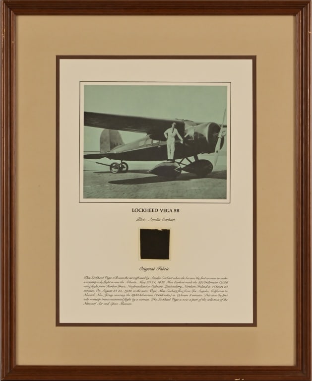 Amelia Earhart Lockheed Vega 5B Fabric Portion: Fabric portion from the Lockheed Vega 5B used by Amelia Earhart as the first woman to make a solo nonstop flight across the Atlantic, as well as the first Transcontinental flight by a woman; ALBATROS