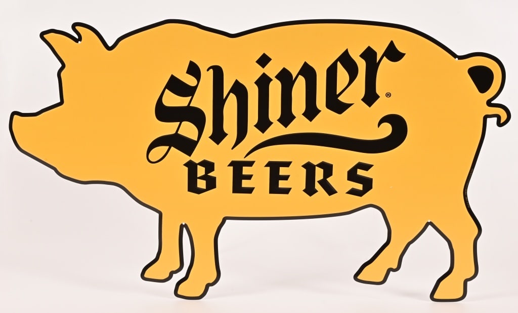 Shiner Beer Advertising Embossed Pig Tin Sign NOS: Measures 35" x 19.5"