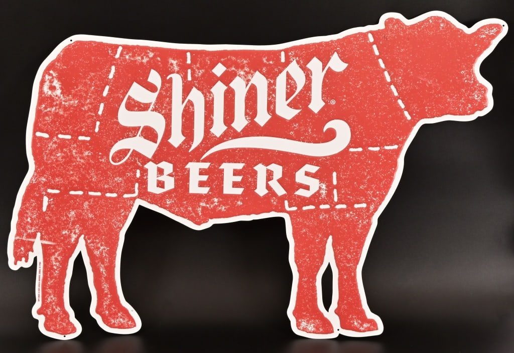 Shiner Beer Advertising Embossed Cow Tin Sign NOS: New-old-stock condition, measures 23" x 32"