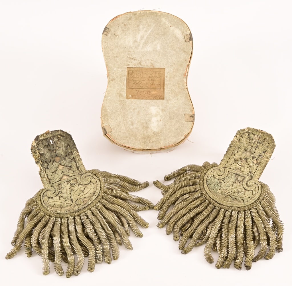 French Officer Epaulettes in Original Box: From the Applewhite-Clark Collection. Epaulette box marked W. H. Smith & Co., Importers and Dealers in Military Goods, New York. 4" x 6.25" x 9.5"