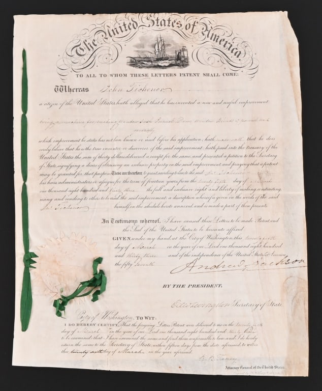 President Andrew Jackson Signed 1833 Patent (1 of 16)