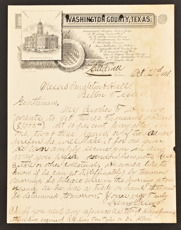 1891 Washington County Loan Request Document: 1891 Washington County Loan Request Document