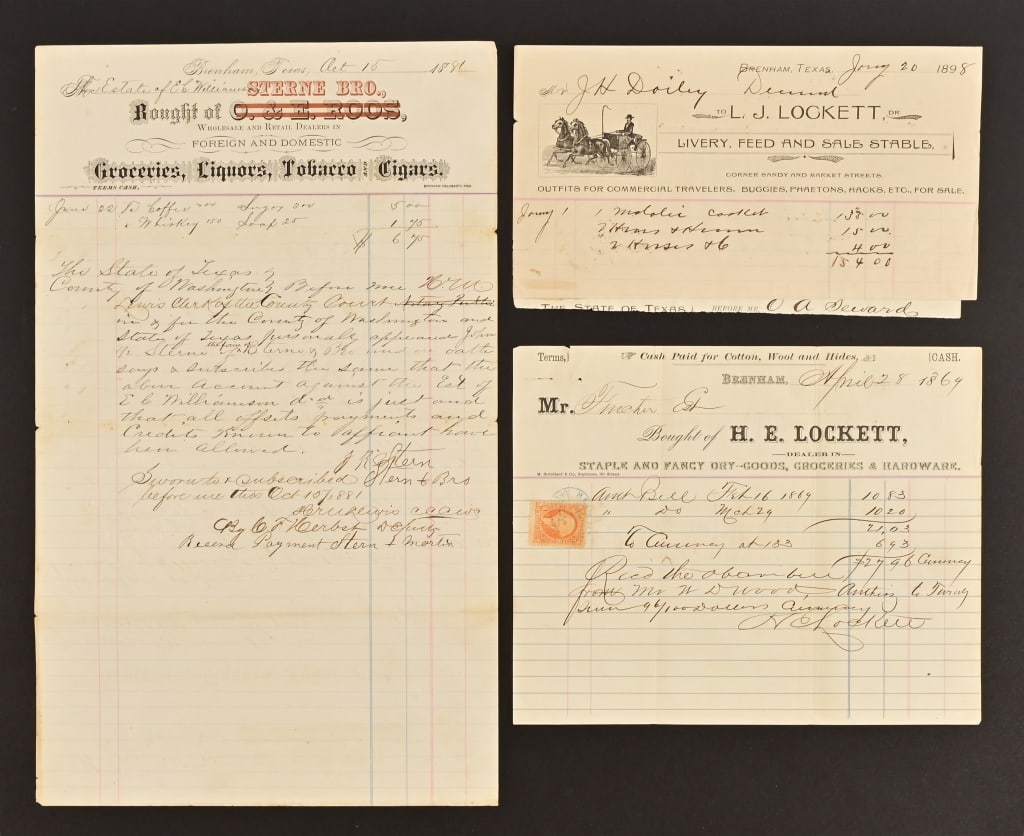 (3) Brenham Texas Merchant Receipts c.1860-1880's: (3) Brenham Texas Merchant Receipts c.1860-1880's