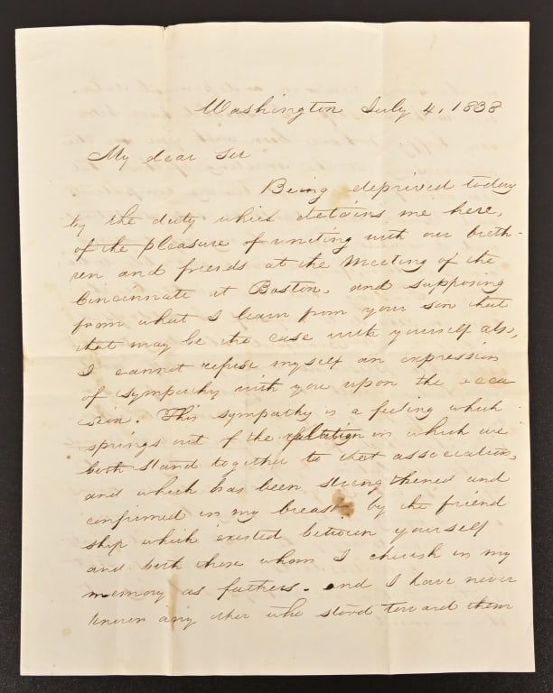 1838 Letter to New Hamsphire Gov. Benjamin Pierce: Letter to New Hampshire Governor Benjamin Pierce, July 4th, 1838, from a C.S. Davis. Bi-fold, 8x10