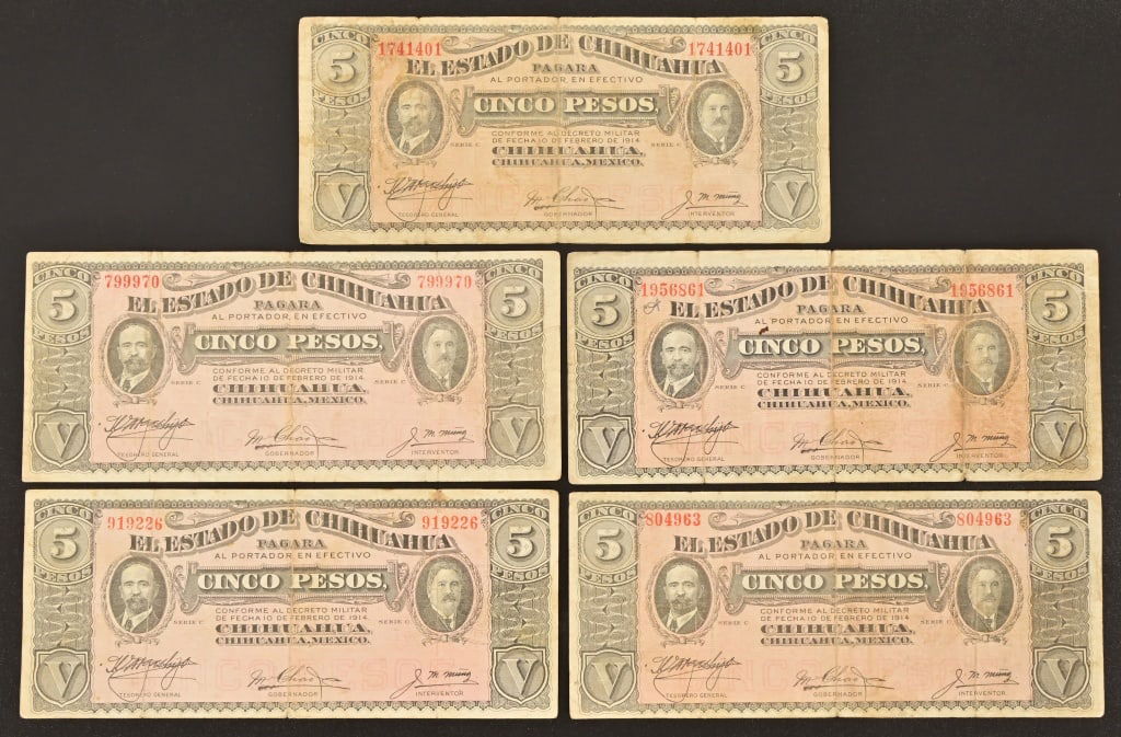 (Five) 1914-Series C Chihuahua Cinco Peso Notes: Mexican Revolution 1914 Estado Chihuahua Mexico 5 Cinco Pesos Series C notes issued under Pancho Villa. Features Francisco I. Madero and Governor A. Gonzalez on the front, with the state capitol on