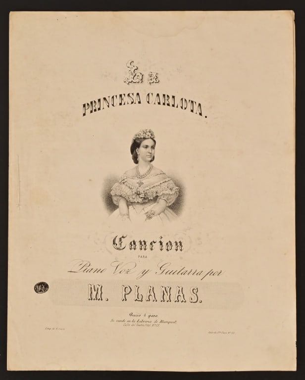 "La Princes Carlota" Sheet Music Engraving Print: Image depicts Isabella II, Queen of Spain1833-1868. Three pages, 10.75" x 13.75". Some staining along edges.