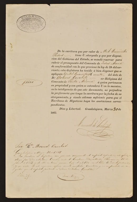 1863 Mexican Republic Church Document: 8.5" x 13"