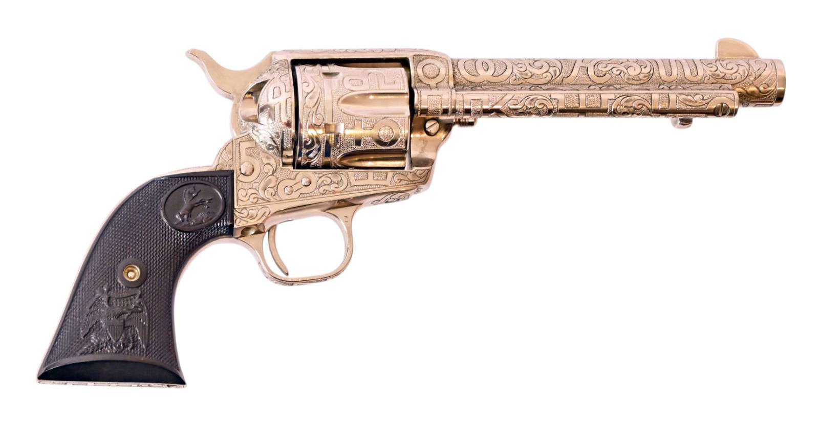 Texas Ranch Brand Engraved Colt SAA .45: S/N: SA52056. Engraved by Weldon Bledsoe, 5 1/2" barrel. Modern.