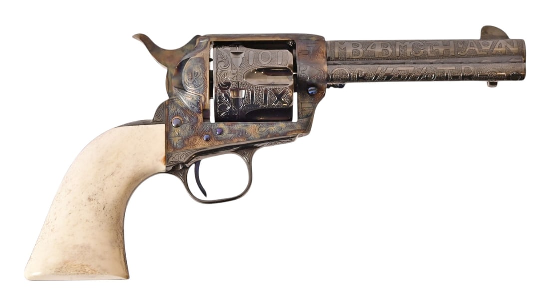 Texas Ranch Brand Engraved Colt SAA .45: S/N: 14209SA. Engraved by Weldon Bledsoe, 4 3/4" barrel. Modern.