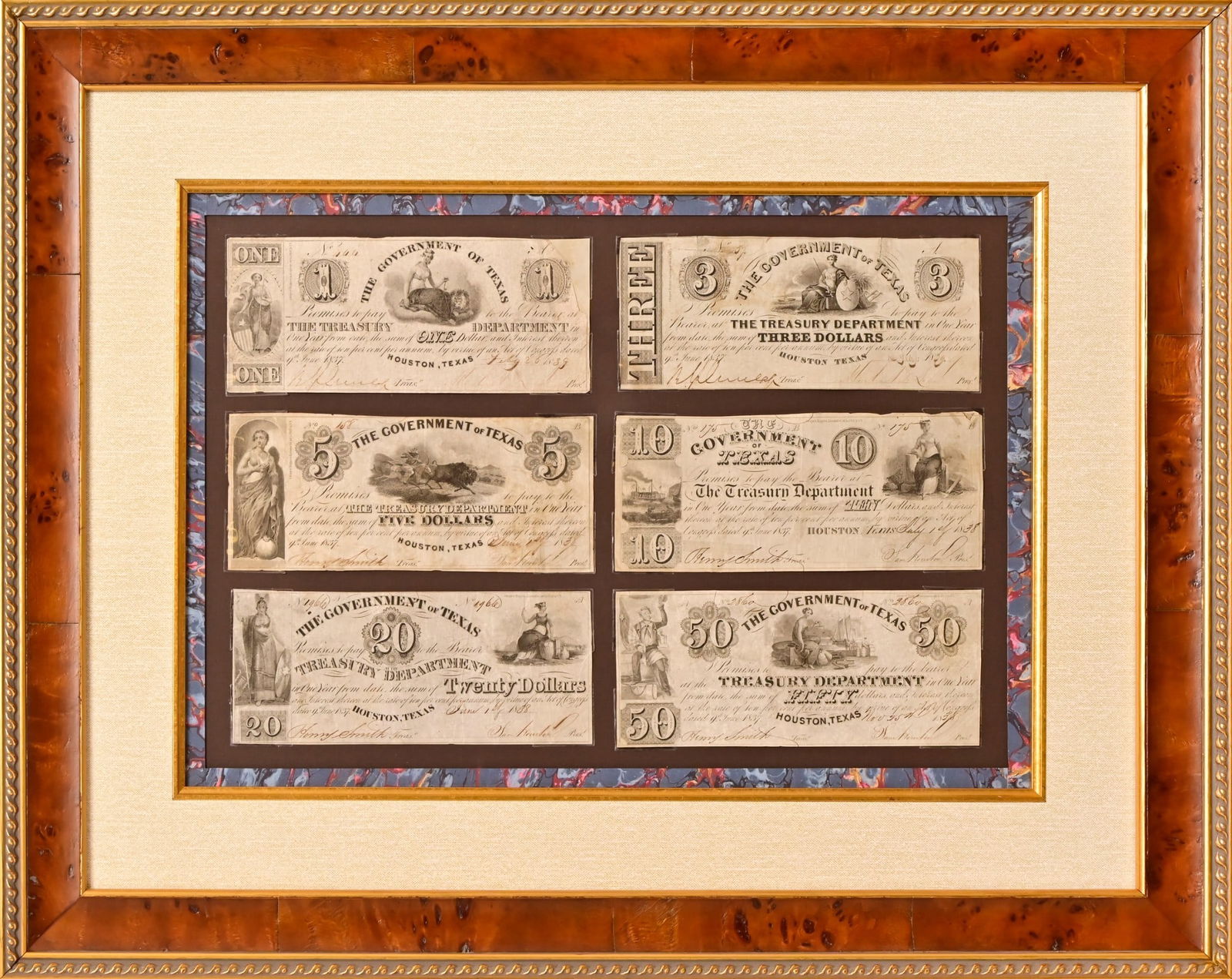 Republic of Texas Bank Notes Set Houston: Rare complete original high grade bank note set from when Houston was the capitol of The Republic of Texas before moving to Austin. 1830s-1840’s. Framed, behind glass, includes COA. Notes measure ap