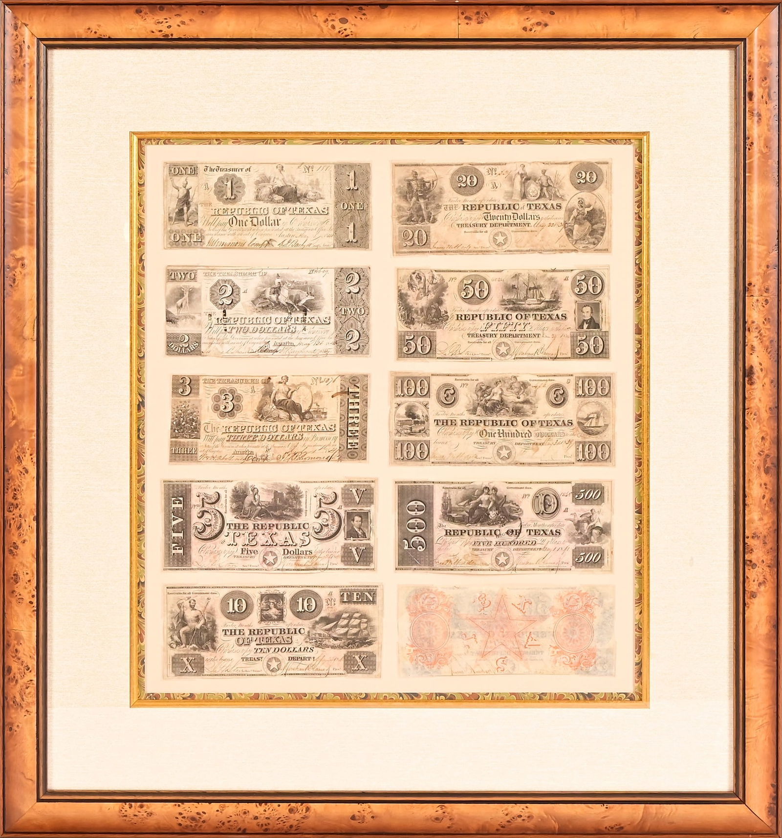Republic of Texas Bank Notes Set Austin: Matched Set of Rare Original High Grade Engraved Banknotes issued by the Republic of Texas, circa 1830s and 1840s. $1, S2, $3, $5, $10, 520, $50, $100 with ornate "Red Back" reverse issued when the ne