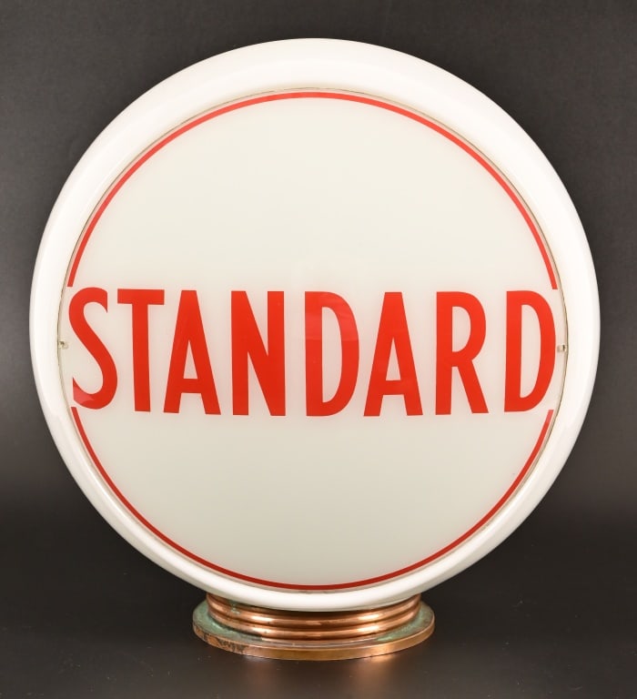 Standard Oil Wide-Body Gas Pump Globe c.1930's: Standard Oil circa 1930's Standard Gasoline, wide-body milk glass gasoline pump globe. Mint condition. 8" x 17"