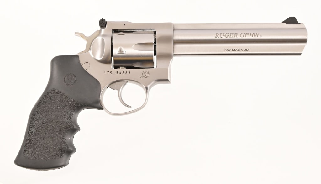 RUGER GP100 .357 Pistol: SN 179-54666. 6" barrel, good bore. Factory case w/paperwork and holster. Modern.