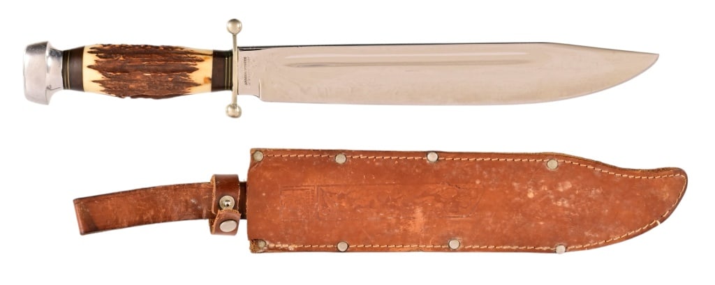Anton Wingen Jr Solingen Stag Handle Bowie Knife: Blade measures 10.5", overall length 15.5". With original leather sheath.