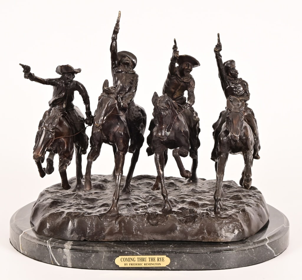 Frederic Remington "Coming Through The Rye" Bronze: On marble base, 12" x 12" x 15"