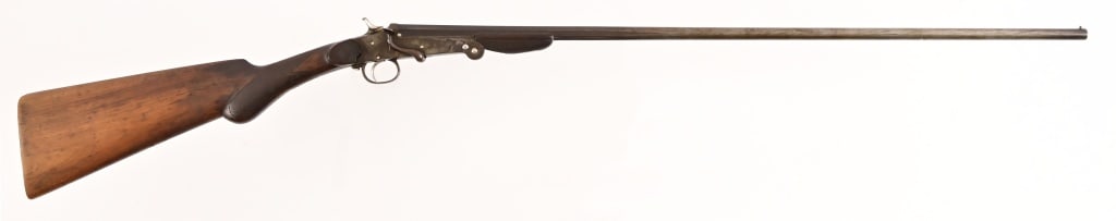 Liege United Arms Belgian Folding Poacher .410: S/N 3524. "The Poacher's Companion" Folding single-shot .410 for 2" shells, made in Belgium by Liege United Arms. Part octagon 29.75" barrel, Checkered wood stock has crack through grip at tang. Good