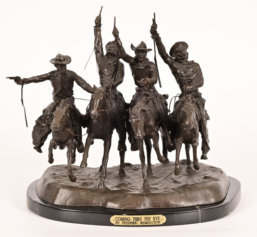 Frederic Remington "Coming Through The Rye" Bronze: On marble base, 2" x 14" x 16"