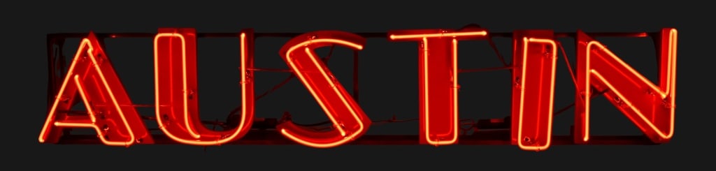 "Austin" Neon Sign: Built by The Neon Jungle for an Austin City Limits/PBS television event at a recent Luck Reunion music festival during South By Southwest, this sign features letters purchased years ago that are facsi