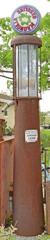 Visible Gas Pump With Magnolia Gasoline Globe: Southwest Pump Company Model OK 7D, serial 38019, Bonham, TX, Measures approximately 9' 6" tall. Sold as is where is. Must be picked up at location. Site is within 5 miles of auction house.