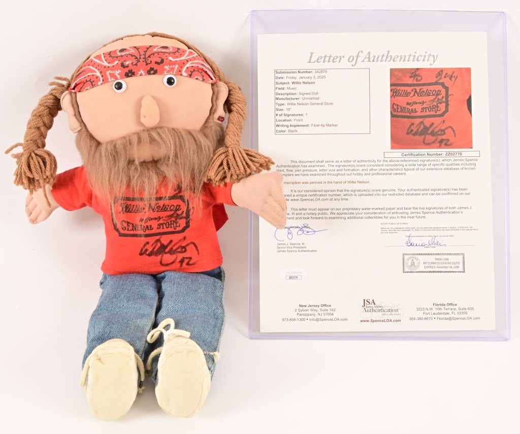 Signed Willie Nelson Doll, COA: Includes COA from James Spence Authentication. Measures approximately 17" tall.