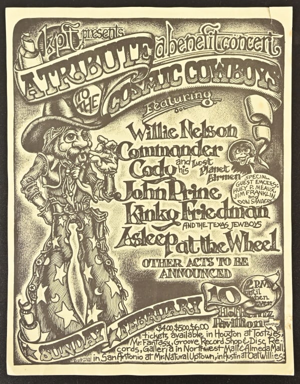Cosmic Cowboys Handbill Willie Nelson AATW: Featuring Willie Nelson, Commander Cody, John Prine, Kinky Friedman and Asleep At The Wheel. Hofheinz Pavilion, Houston, Tx. 1974 By Micael Priest. 8 1/2 x 11.