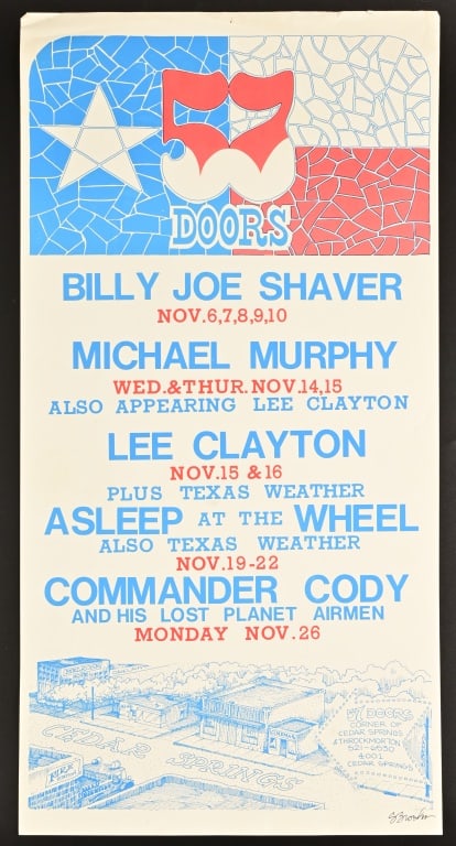 Rare 57 Doors Night Club Concert Lineup Poster: From Dallas, TX, November 1974. First Dallas gig for Asleep At The Wheel. Signed by poster artist Steve Brooks. Slight damage on top RH side of poster. Poster measures 11 1/2" x 22 1/2".