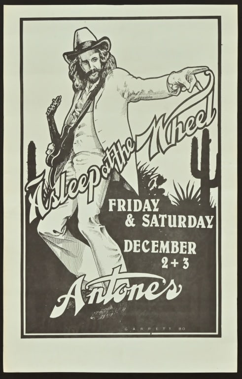 Asleep At The Wheel, Antone's Poster by D. Garrett: Friday & Saturday, December 2nd and 3rd. Post art by Danny Garrett 1980. Poster measures 11" x 16.5"