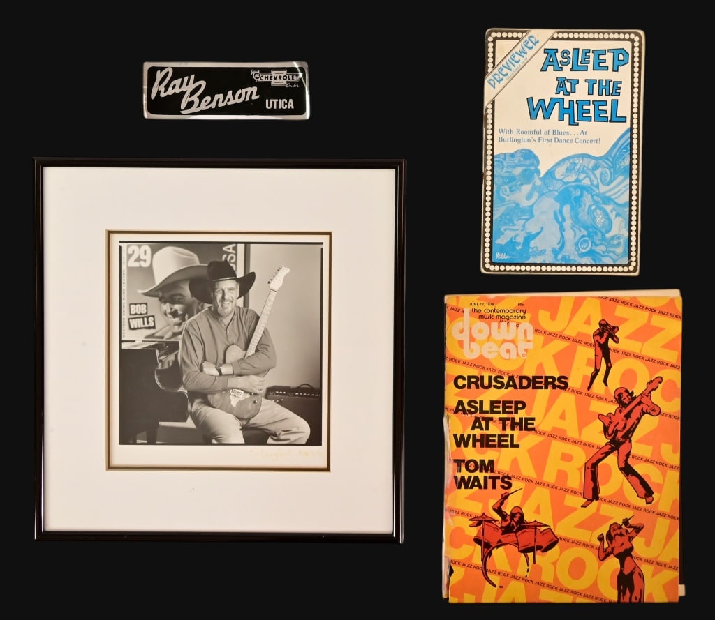 Ray Benson's Asleep At The Wheel Ephemera: Includes framed photo (frame measures 12 3/4" x 13 1/4") of Ray seated at piano with guitar in front of Bob Wills Poster, signed by John Langford. Ray Benson Chevrolet Dealer, Utica, NY (5 3/4" x 2").
